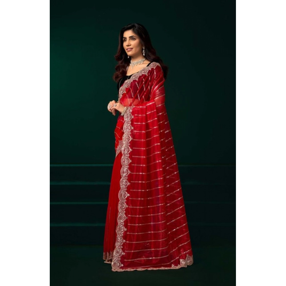 Women's Net Sequence Saree With Unstitched Blouse 5.5Mtr (Red) Women's Net Sequence Saree With Unstitched Blouse 5.5Mtr (Red)