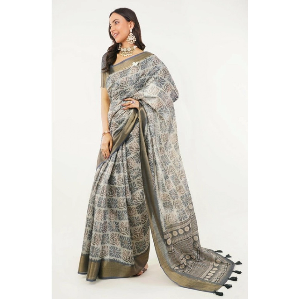 Women's Polyester Printed Saree With Unstitched Blouse 5.5 Mtr (Grey)