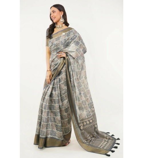 Women's Polyester Printed Saree With Unstitched Blouse 5.5 Mtr (Grey)
