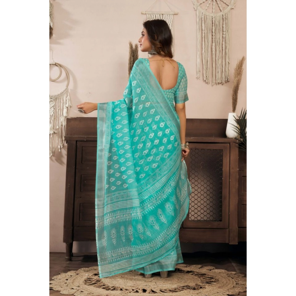 Women's Linen Cotton Printed Ready To Wear Saree With Unstitched Blouse 5.5 Mtr (Sea_Green)
