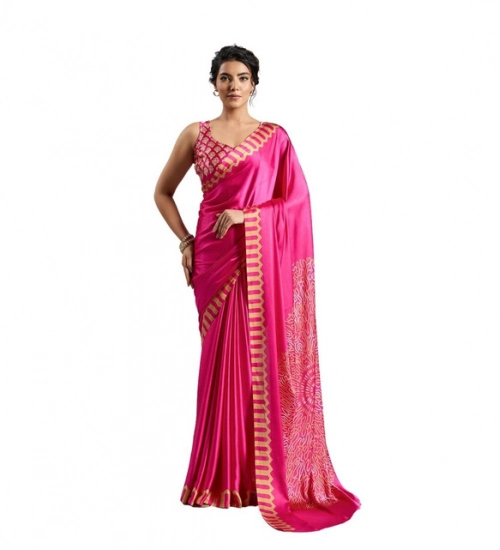 Women's Satin Crepe Printed Saree With Unstitched Blouse 5.5Mtr (Pink)