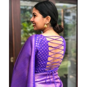 Generic Women's Litchi silk Printed Saree With Unstitched Blouse (Purple)