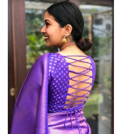 Women's Litchi silk Printed Saree With Unstitched Blouse (Purple)