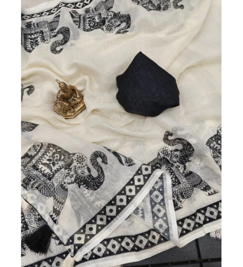 Women's Linen Cotton Printed Saree With Unstitched Blouse 5.5Mtr (Cream &amp; Black)