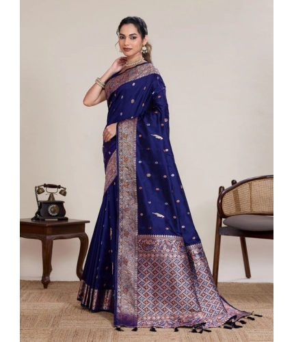 Women's Jacquard Woven Saree With Unstitched Blouse 5.5Mtr (Navy)
