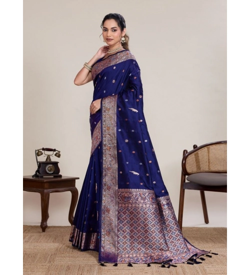 Women's Jacquard Woven Saree With Unstitched Blouse 5.5Mtr (Navy)