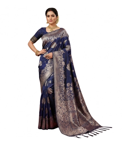 Women's Silk Blend Printed Saree With Unstitched Blouse 5.5Mtr (Navy Blue)