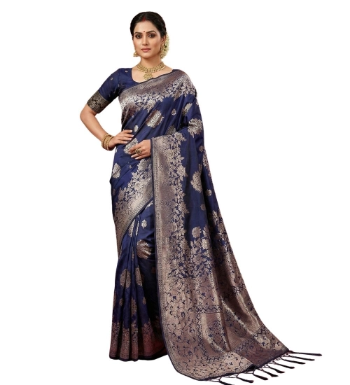 Women's Silk Blend Printed Saree With Unstitched Blouse 5.5Mtr (Navy Blue)