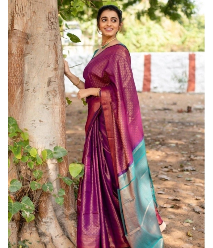 Women's Soft Lichi Silk Printed Saree With Unstitched Blouse 5.5Mtr (Purple)
