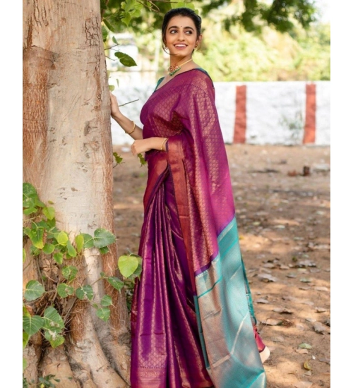 Women's Soft Lichi Silk Printed Saree With Unstitched Blouse 5.5Mtr (Purple)