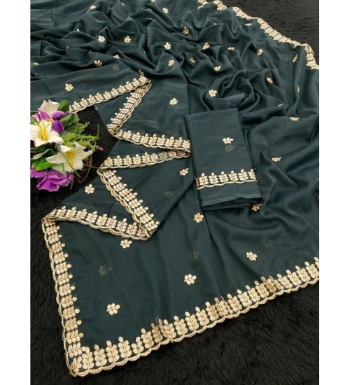 Women's Georgette Embroidered Saree With Unstitched Blouse 5.5Mtr (Teal)
