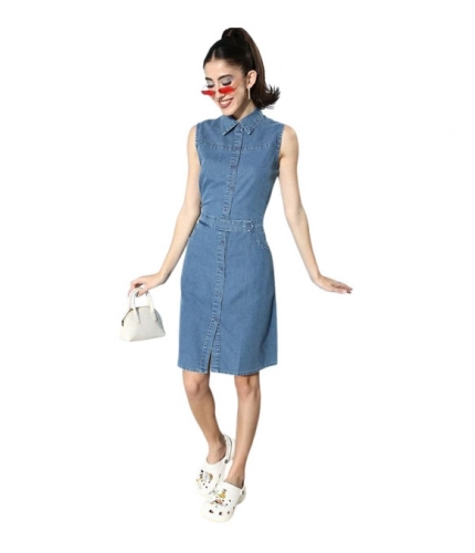 Women's Denim Solid Sleeveless Dress (Blue)