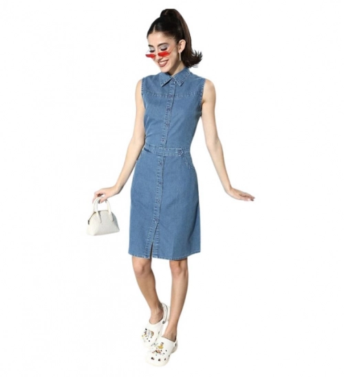 Women's Denim Solid Sleeveless Dress (Blue)