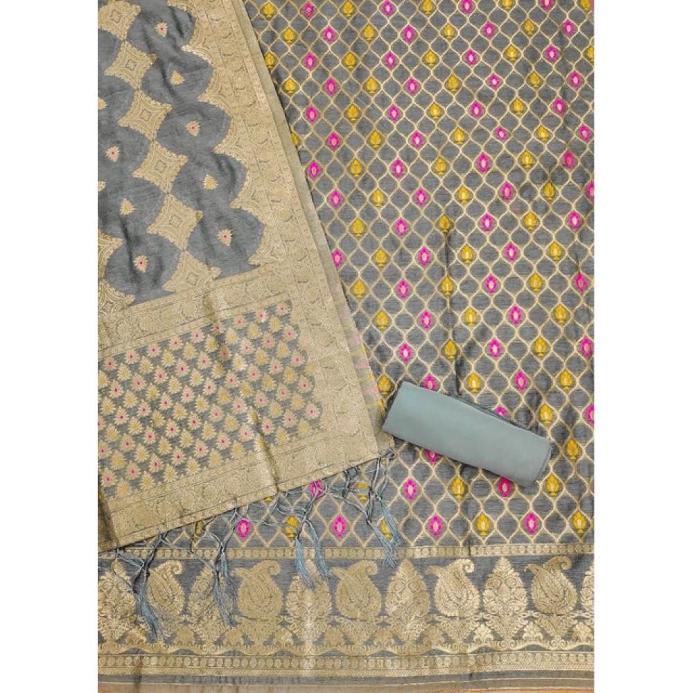 Women's Banarasi Silk Printed Unstitched Salwar Suit Material With Dupatta (Grey, 3Mtrs)