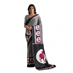 Women's Satin Crepe Printed Saree With Unstitched Blouse 5.5Mtr (Black)