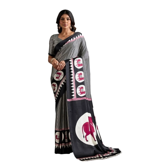 Women's Satin Crepe Printed Saree With Unstitched Blouse 5.5Mtr (Black)