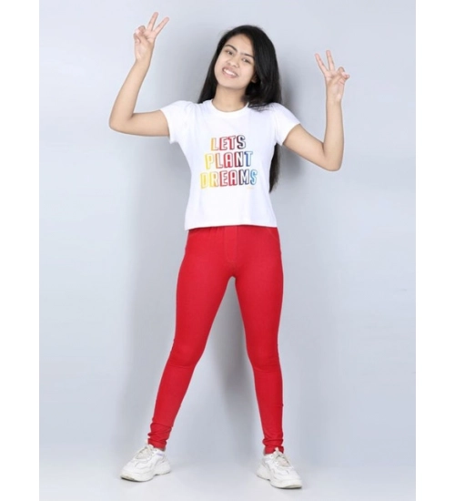 Girl's Cotton Lycra Solid Elasticated Jeggings (Red)