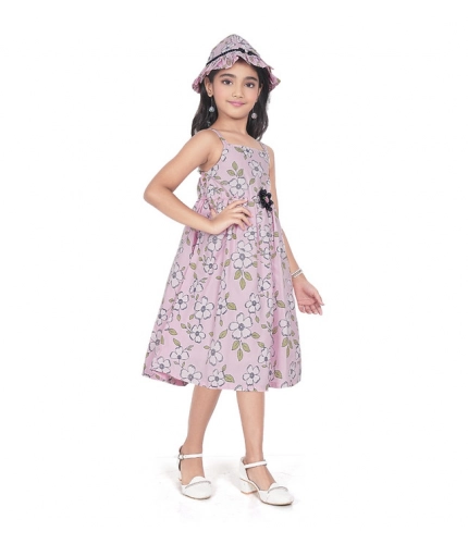 Girl's Cotton Printed Sleeve Less Round Neck Dress (Pink)