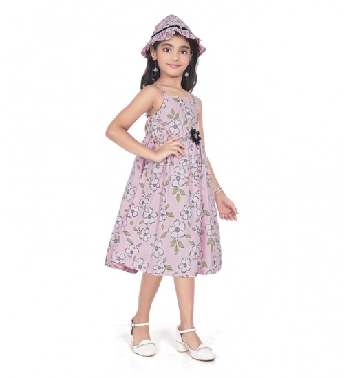 Girl's Cotton Printed Sleeve Less Round Neck Dress (Pink)