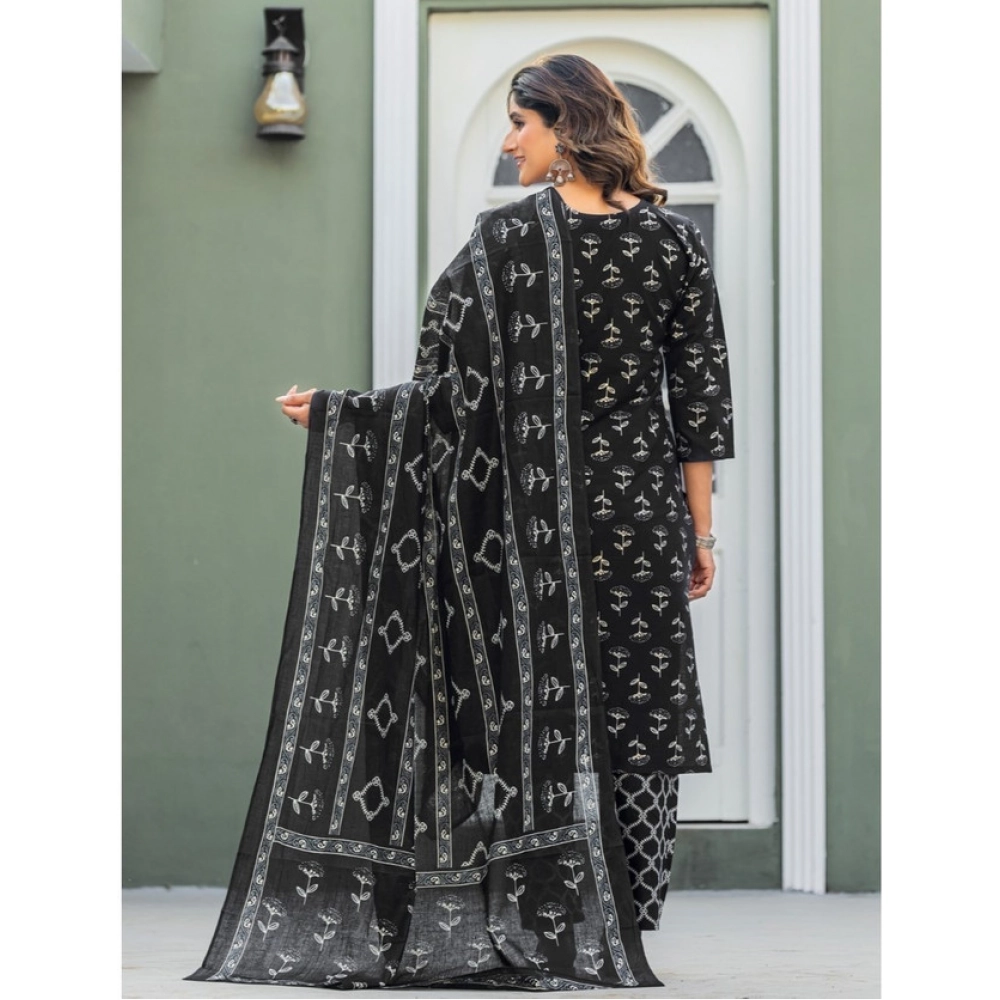 Women's Cotton Blend Printed Kurti With Pant Dupatta Set (Black) Women's Cotton Blend Printed Kurti With Pant Dupatta Set (Black)