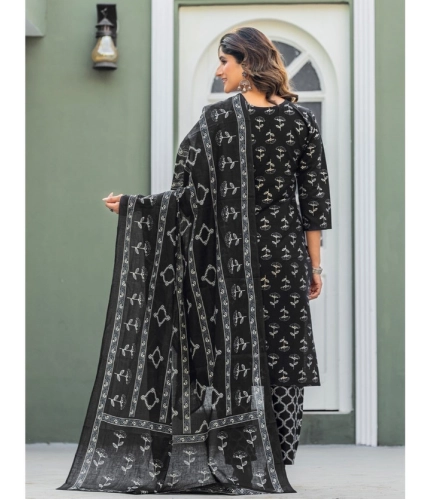 Women's Cotton Blend Printed Kurti With Pant Dupatta Set (Black)