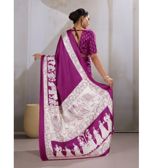 Women's Satin Crepe Printed Saree With Unstitched Blouse 5.5Mtr (Purple)