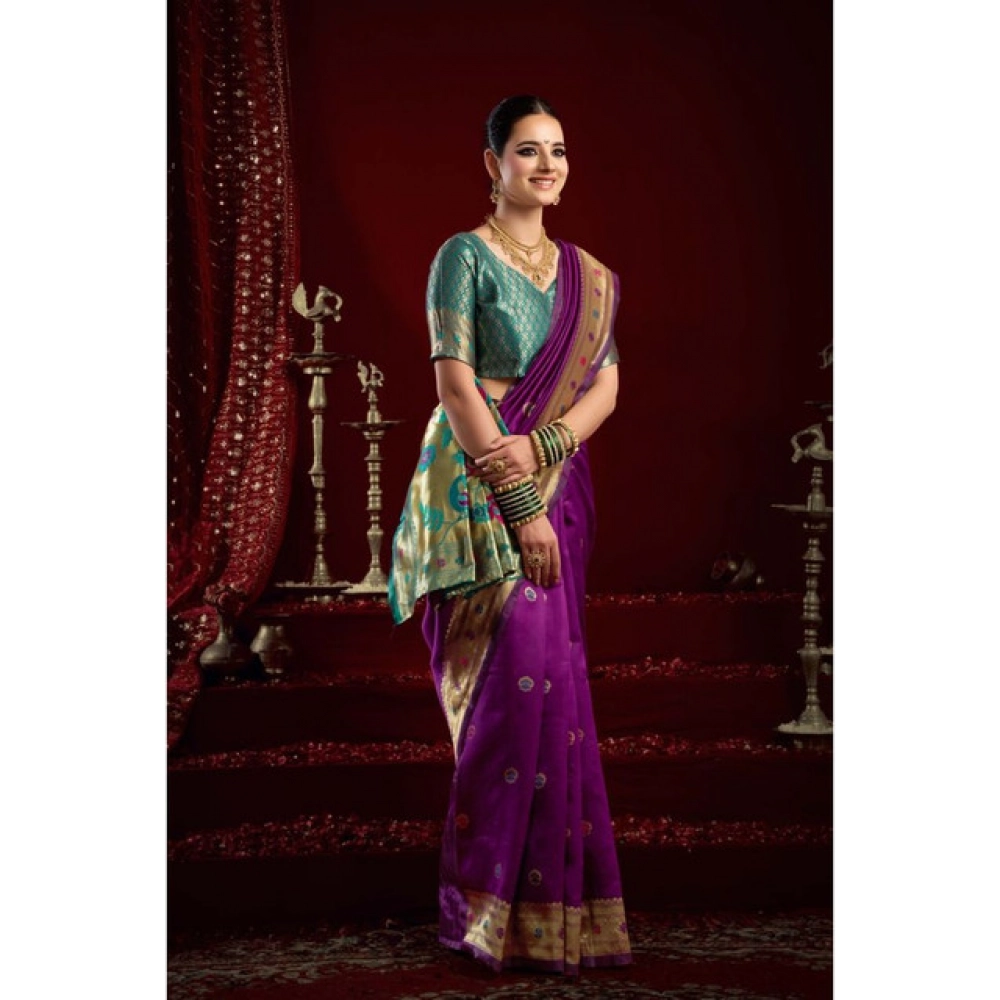 Women's Silk Blend Woven Saree With Unstitched Blouse 5.5 Mtr (Purple)