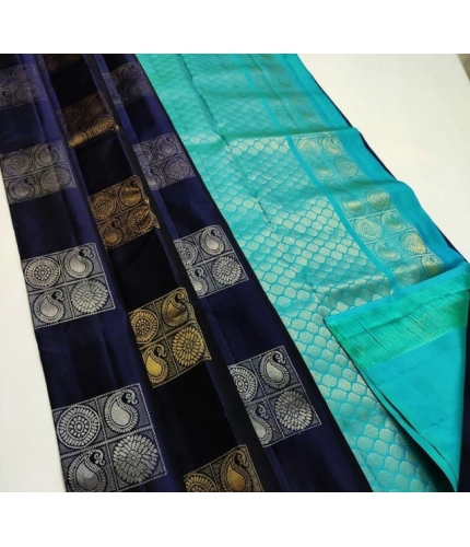 Women's Litchi silk Printed Saree With Unstitched Blouse (Navy Blue With Turquise Blue)