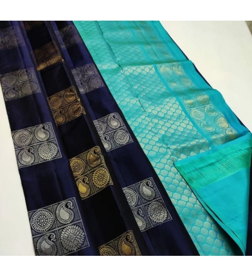 Women's Litchi silk Printed Saree With Unstitched Blouse (Navy Blue With Turquise Blue)