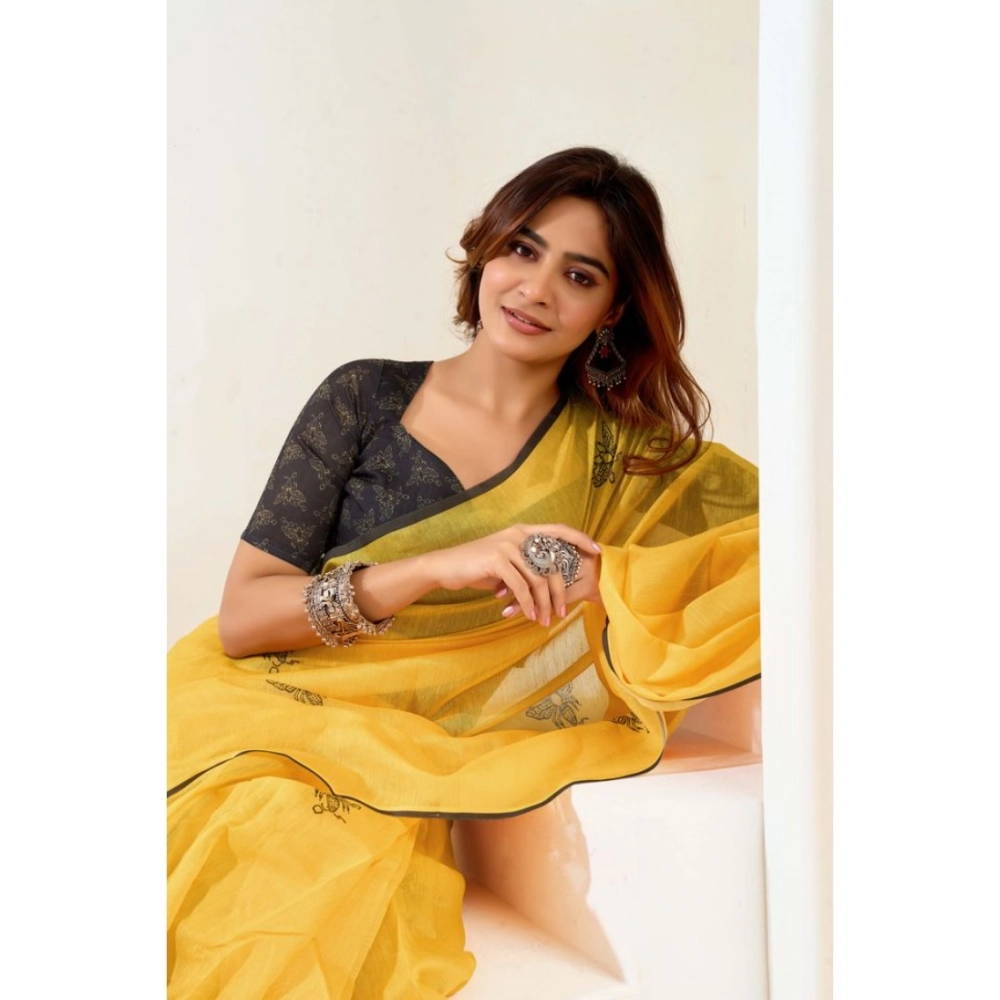 Women's Linen Cotton Printed Ready To Wear Saree With Unstitched Blouse 5.5 Mtr (Yellow)
