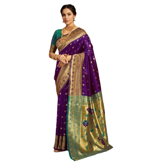 Women's Silk Blend Zari Weaving Saree With Unstitched Blouse 5.5Mtr (Purple)