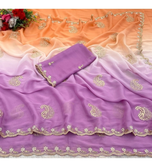 Women's Digital Printed  Geogette Saree With Unstitched Blouse (Wine, 5-6 Mtrs)