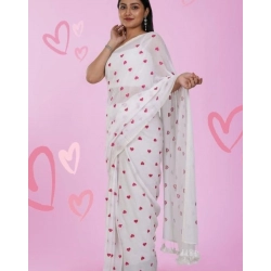 Women's Linen Printed Saree With Unstitched Blouse 5.5Mtr (White)