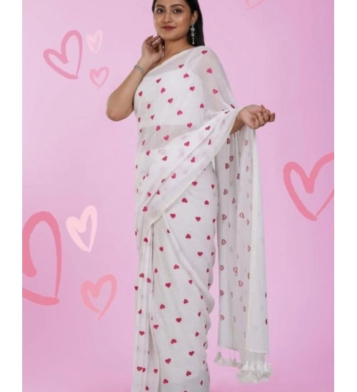 Women's Linen Printed Saree With Unstitched Blouse 5.5Mtr (White)