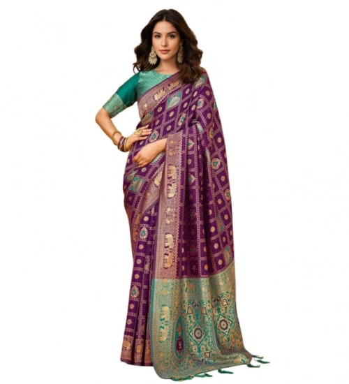Women's Silk Blend Woven Zari Work Saree With Unstitched Blouse 5.5Mtr (Purple)