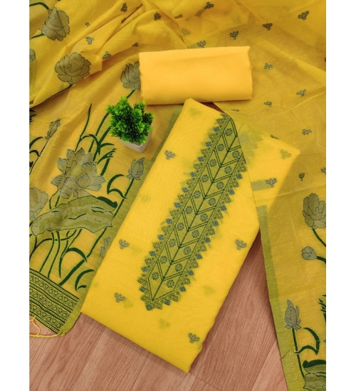 Women's Banarasi Silk Printed Unstitched Salwar Suit Material With Dupatta (Yellow, 3Mtrs)