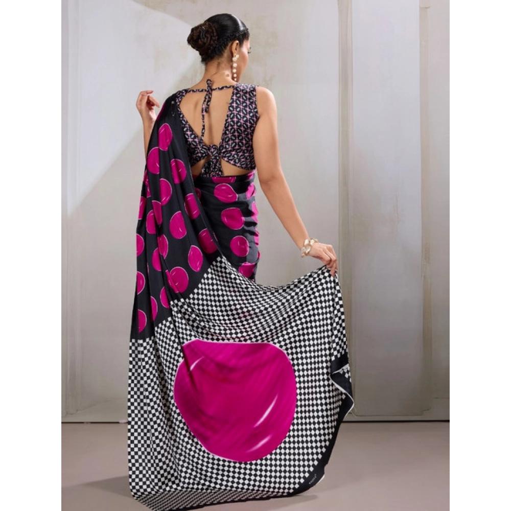 Women's Satin Crepe Printed Saree With Unstitched Blouse 5.5Mtr (Pink)