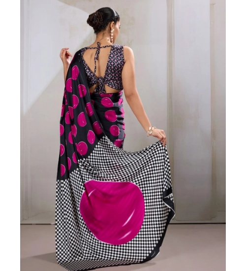 Women's Satin Crepe Printed Saree With Unstitched Blouse 5.5Mtr (Pink)