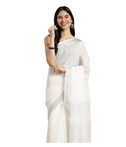 Women's Linen Cotton Printed Saree With Unstitched Blouse 5.5Mtr (White)