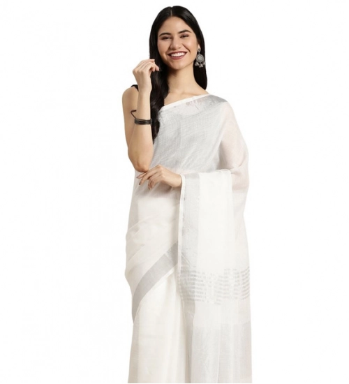 Women's Linen Cotton Printed Saree With Unstitched Blouse 5.5Mtr (White)