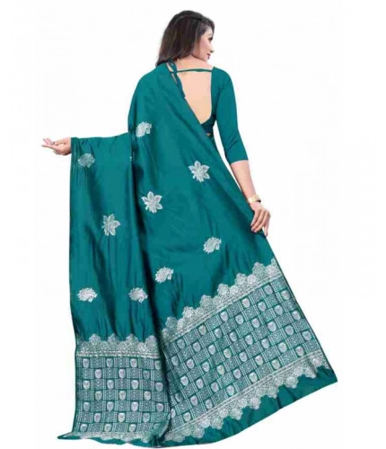 Women's Soft Lichi Silk Printed Saree With Unstitched Blouse 5.5Mtr (Rama)