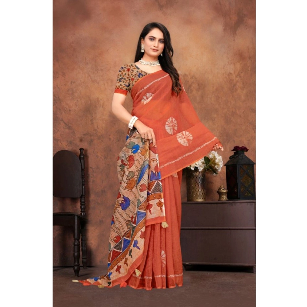 Women's Linen Printed Saree With Unstitched Blouse 5.5Mtr (Red) Women's Linen Printed Saree With Unstitched Blouse 5.5Mtr (Red)