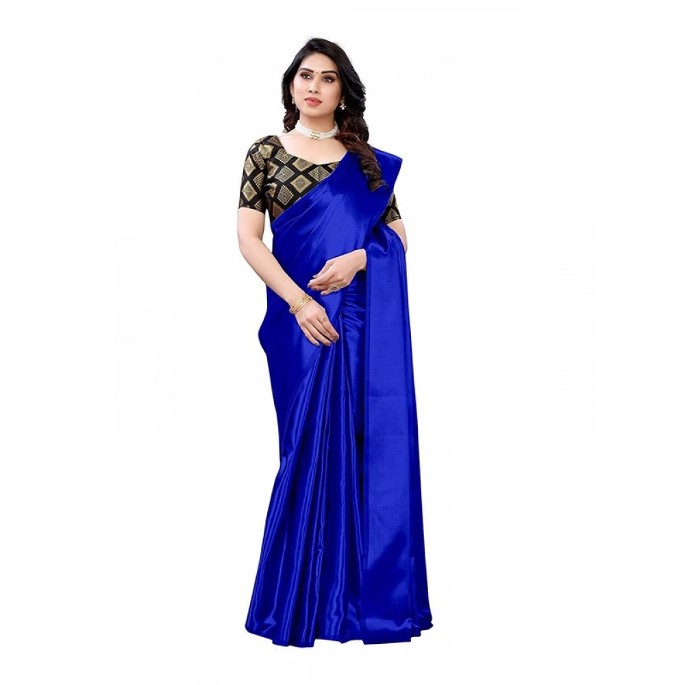 Women's Satin Printed Saree With Unstitched Blouse 5.5Mtr (Royal Blue)