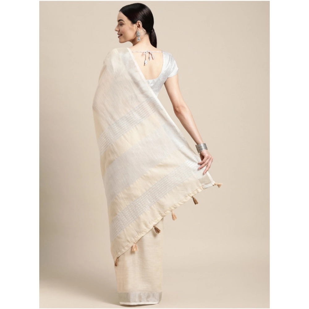 Women's Linen Cotton Printed Saree With Unstitched Blouse 5.5Mtr (Cream) Women's Linen Cotton Printed Saree With Unstitched Blouse 5.5Mtr (Cream)