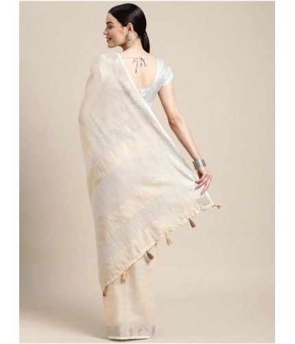 Women's Linen Cotton Printed Saree With Unstitched Blouse 5.5Mtr (Cream)