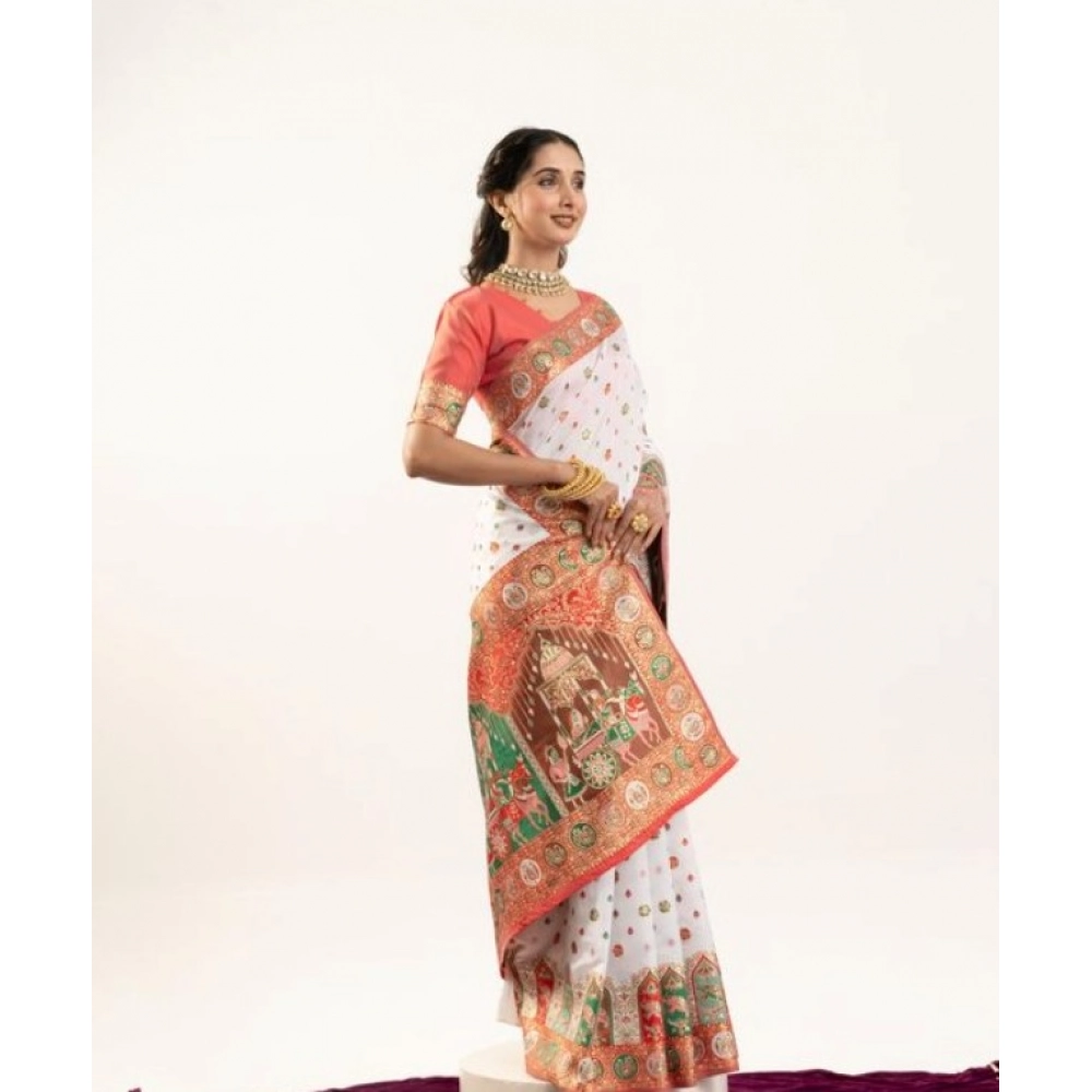 Women's Faux_Banarasi Woven Motifs Saree With Unstitched Blouse 5.5Mtr (White)