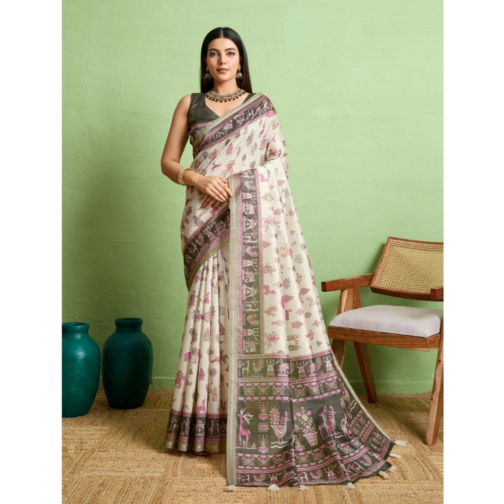 Women's Silk Blend Printed Saree With Unstitched Blouse 5.5Mtr (Off White) Women's Silk Blend Printed Saree With Unstitched Blouse 5.5Mtr (Off White)
