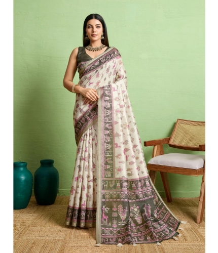 Women's Silk Blend Printed Saree With Unstitched Blouse 5.5Mtr (Off White)