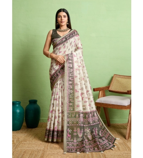 Women's Silk Blend Printed Saree With Unstitched Blouse 5.5Mtr (Off White)