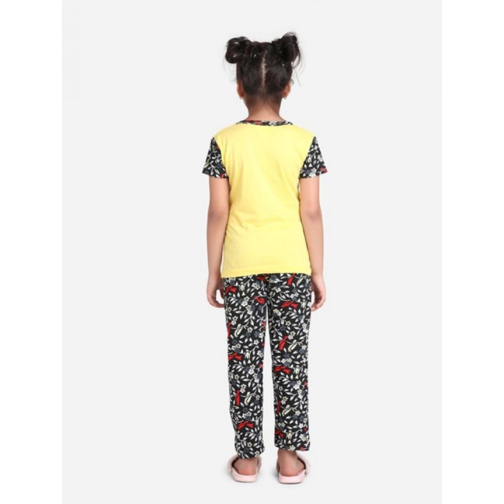 Girl's Cotton Hosiery Printed Night Suit Set (Yellow-Black) Girl's Cotton Hosiery Printed Night Suit Set (Yellow-Black)